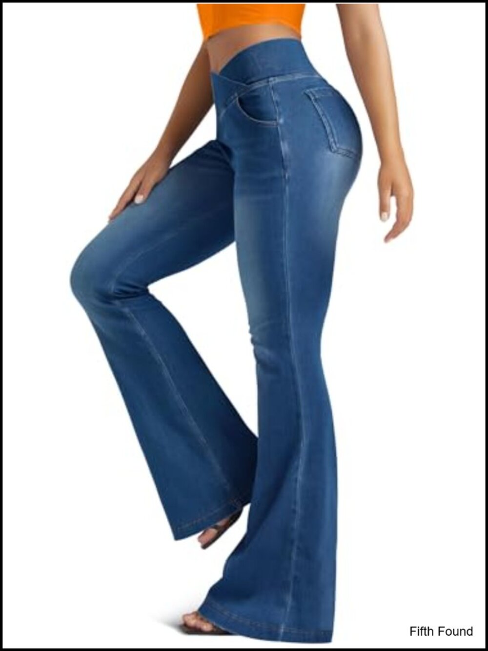 Knit Stretchy Jean Leggings with Crossover High Waisted Bell Bottom Flare